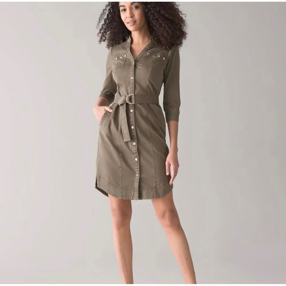 (CL) White House Black Market Olive Green Studded Utility Belted Shirtdress 2